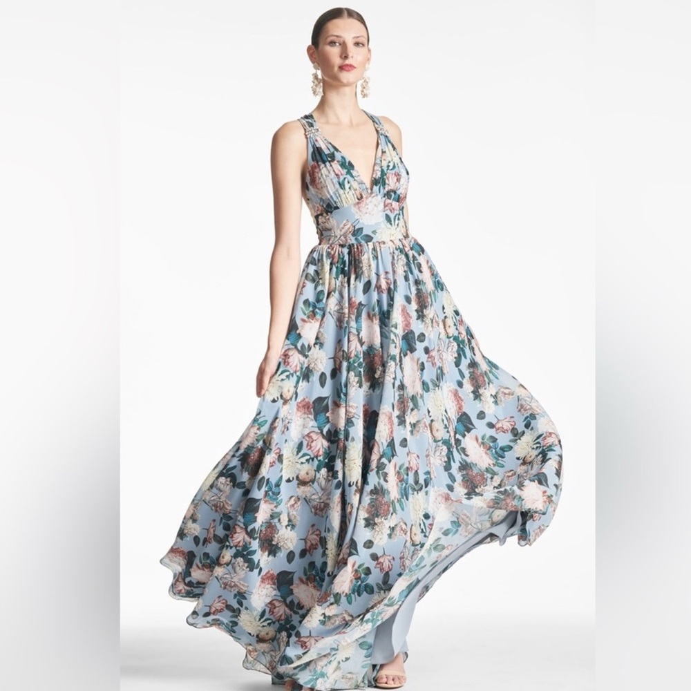 NWT Sachin & Babi Size 8 Embellished Kenzia Floral Blue Gown - Picture 3 of 15